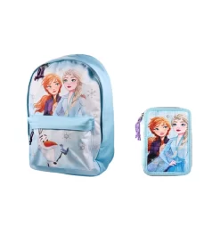 Disney Euromic - Frozen 2 - Backpack + Filled Double Decker Pencil Case - Blue