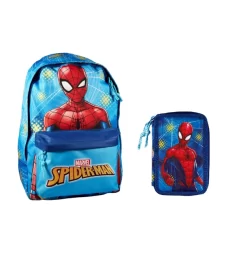 Disney Euromic - Spider -Man - Backpack (16 L) + ​Filled Double Decker Pencil Case - Blue